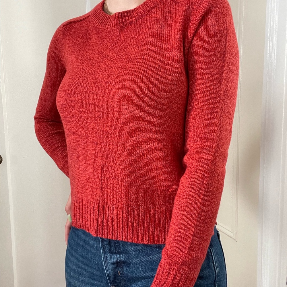 H&M, red crew neck sweater, slightly cropped, size small